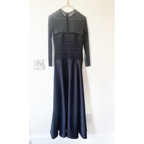 Vintage Tadashi Shoji Black Sheer Satin Long Sleeve Dress Gown 10 - Picture 3 of 9